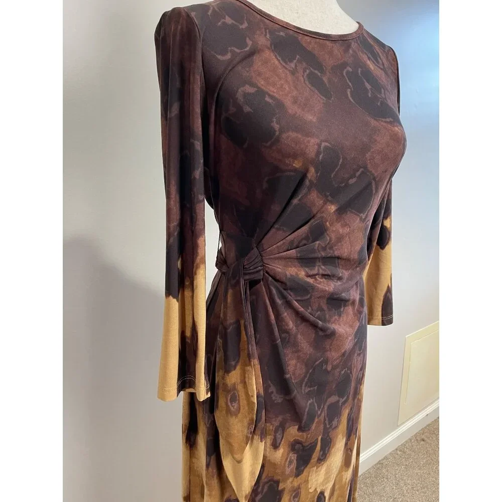 New Directions Pencil Dress Womens S Brown Watercolor Print Gathered Waist